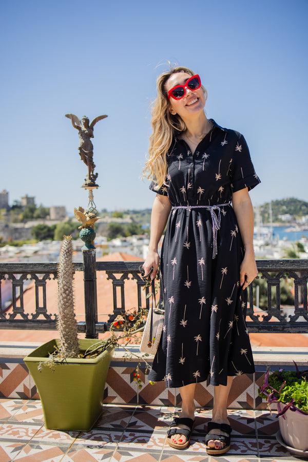 Liquorish Black Palm Print Shirt Midi Dress