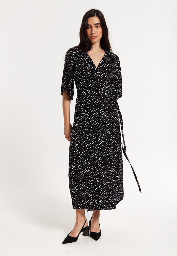 Liquorish Black Polka Dot Kimono Wrap Maxi Dress