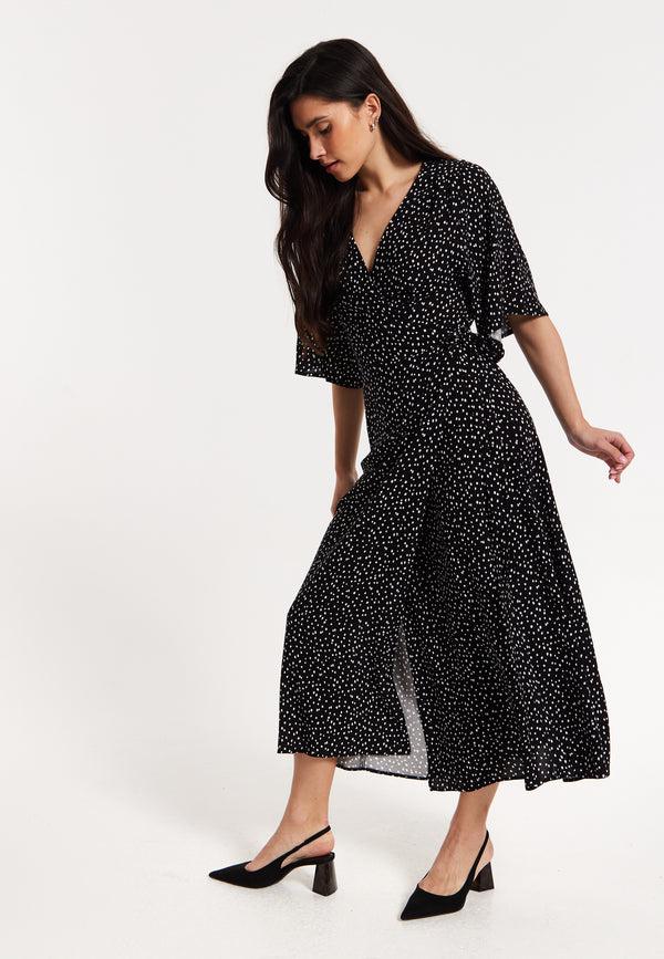 Liquorish Black Polka Dot Kimono Wrap Maxi Dress