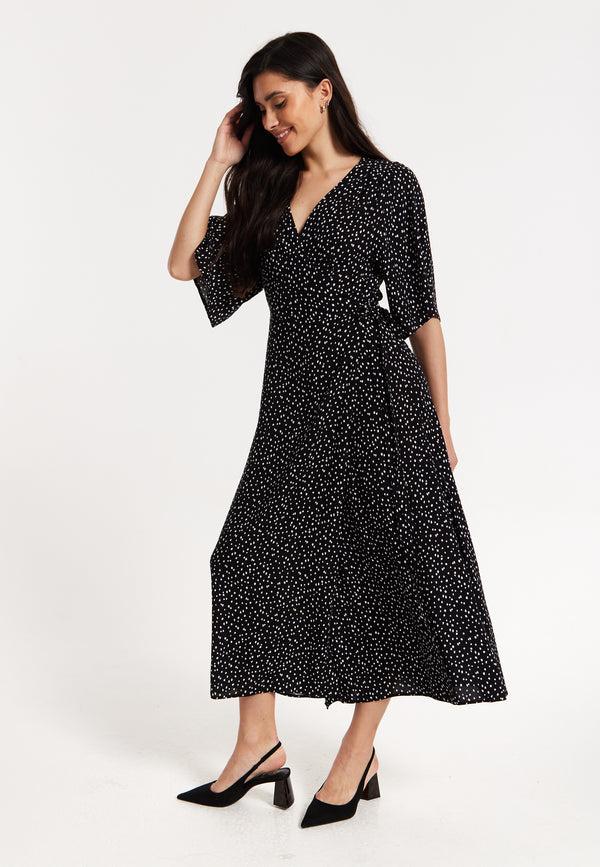 Liquorish Black Polka Dot Kimono Wrap Maxi Dress