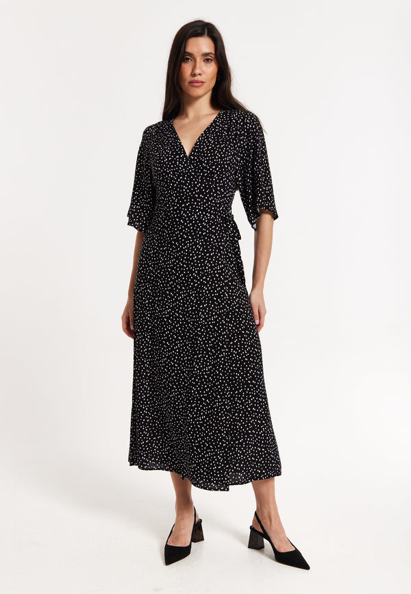 Liquorish Black Polka Dot Kimono Wrap Maxi Dress