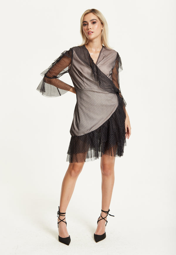Liquorish Black Polka Dot Wrap Mesh Dress