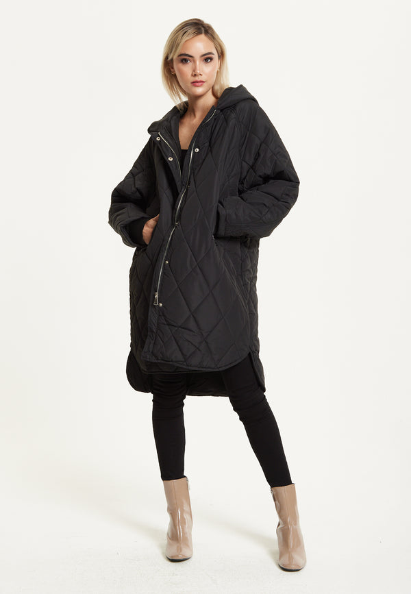 Liquorish Black Quilted Oversized Hooded Coat