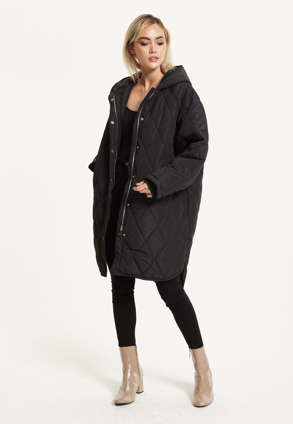 Liquorish Black Quilted Oversized Hooded Coat