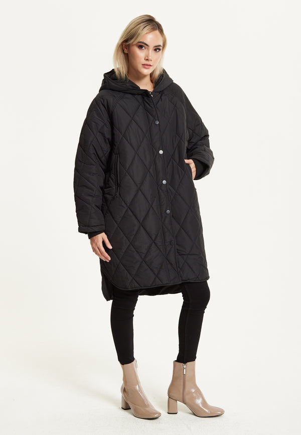 Liquorish Black Quilted Oversized Hooded Coat