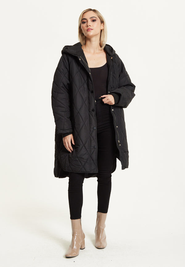 Liquorish Black Quilted Oversized Hooded Coat