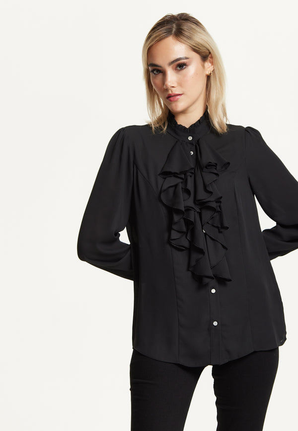 Liquorish Black Ruffle Front Blouse
