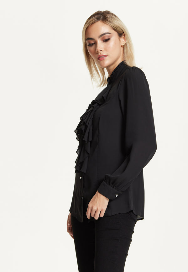 Liquorish Black Ruffle Front Blouse