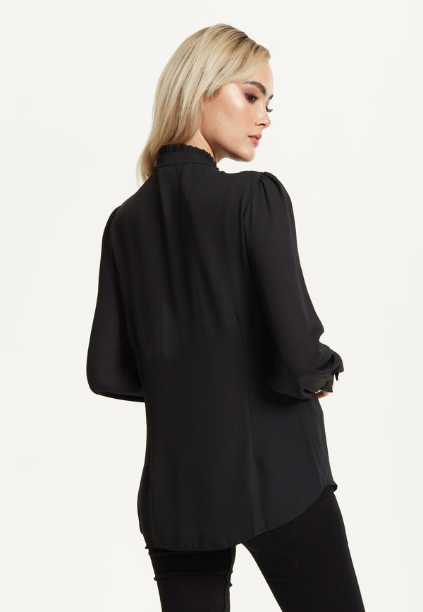 Liquorish Black Ruffle Front Blouse