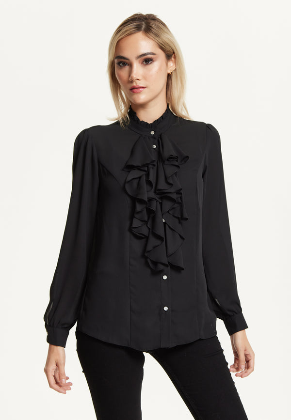Liquorish Black Ruffle Front Blouse