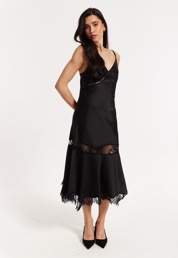 Liquorish Black Satin Lace Midi Slip Dress