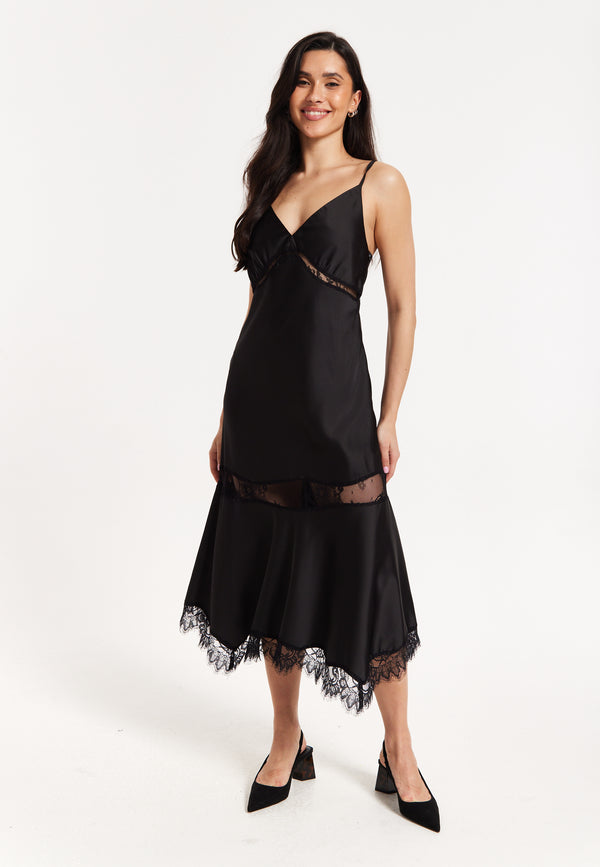 Liquorish Black Satin Lace Midi Slip Dress