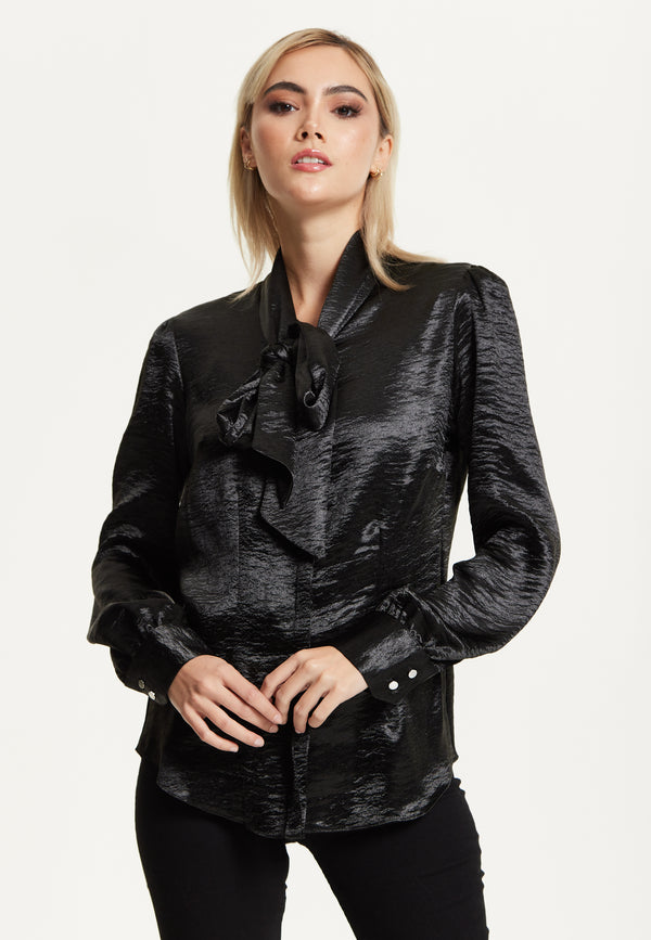 Liquorish Black Satin Pussy-Bow Blouse
