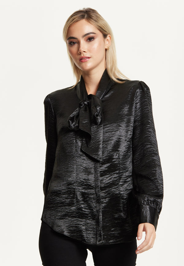 Liquorish Black Satin Pussy-Bow Blouse