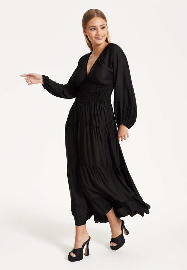 Liquorish Black Shirred Waist Satin Maxi Dress