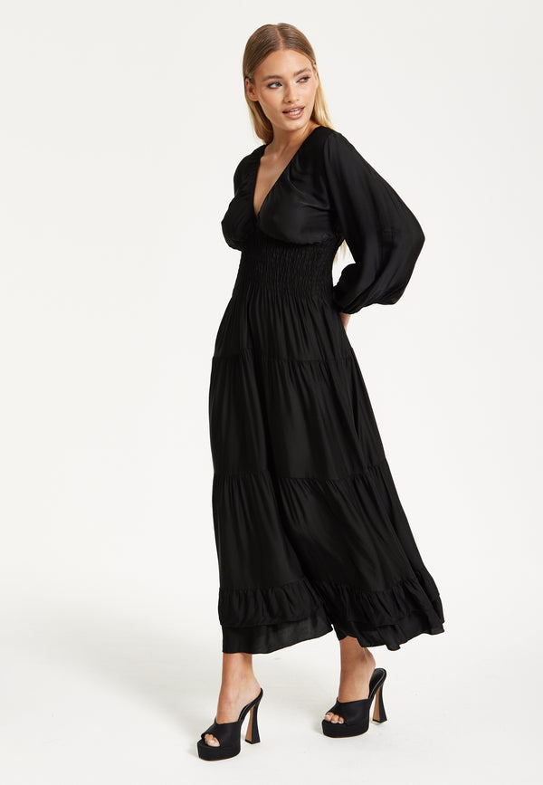 Liquorish Black Shirred Waist Satin Maxi Dress