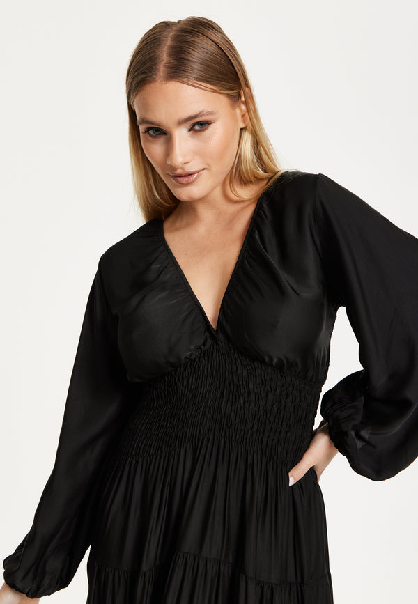 Liquorish Black Shirred Waist Satin Maxi Dress