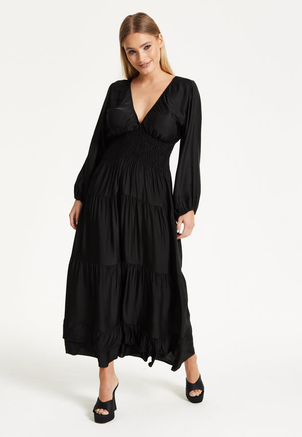 Liquorish Black Shirred Waist Satin Maxi Dress