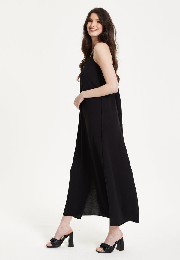 Liquorish Black Strappy Split Hem Maxi Dress
