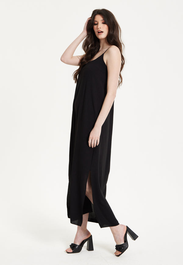 Liquorish Black Strappy Split Hem Maxi Dress