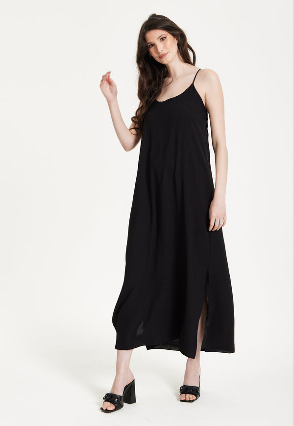 Liquorish Black Strappy Split Hem Maxi Dress