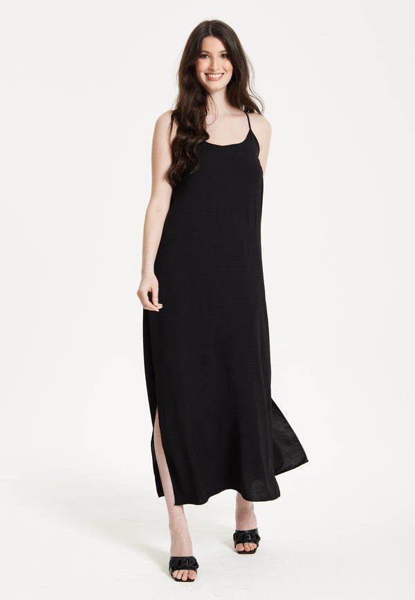 Liquorish Black Strappy Split Hem Maxi Dress