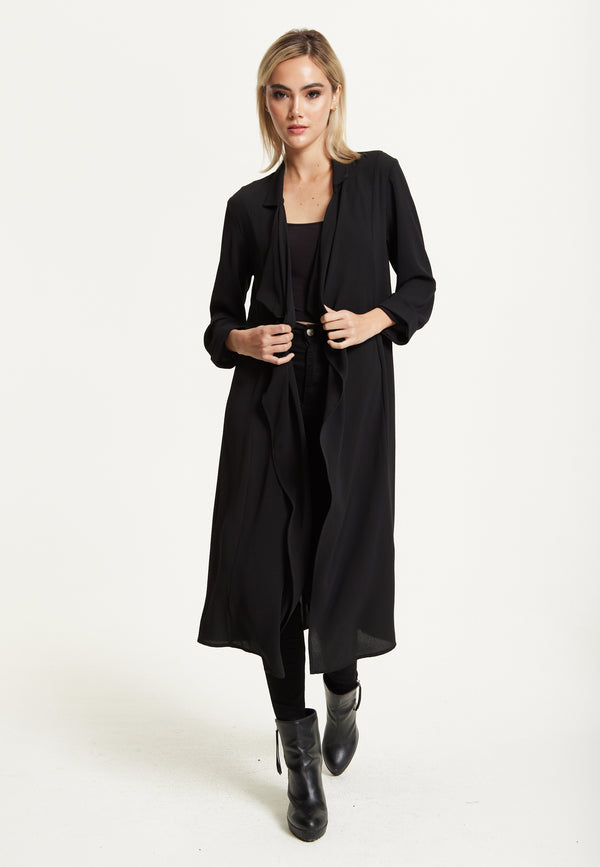 Liquorish Black Waterfall Duster Coat