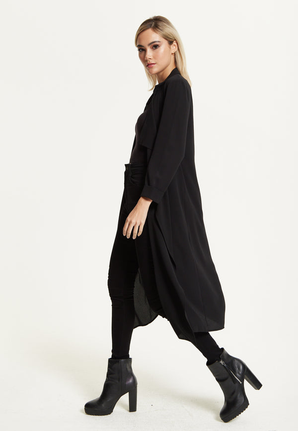 Liquorish Black Waterfall Duster Coat
