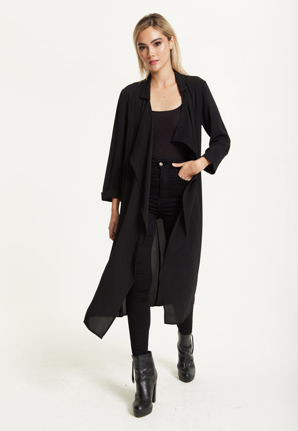 Liquorish Black Waterfall Duster Coat