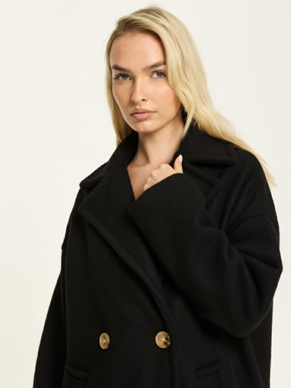 Liquorish Black Wool Blend Double Breasted Coat