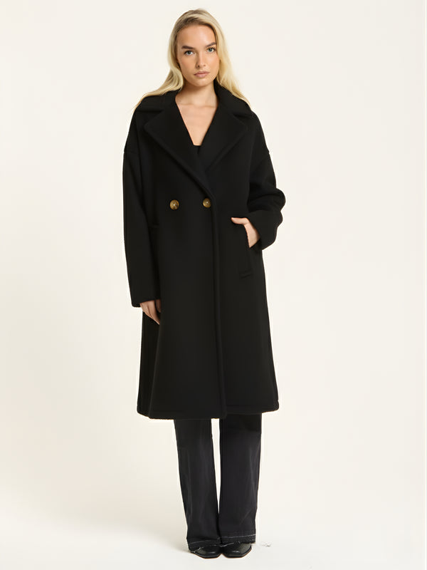 Liquorish Black Wool Blend Double Breasted Coat