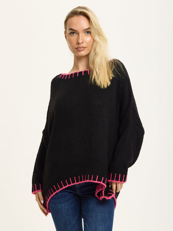 Liquorish Black Wool Blend Jumper Neon Pink Trim