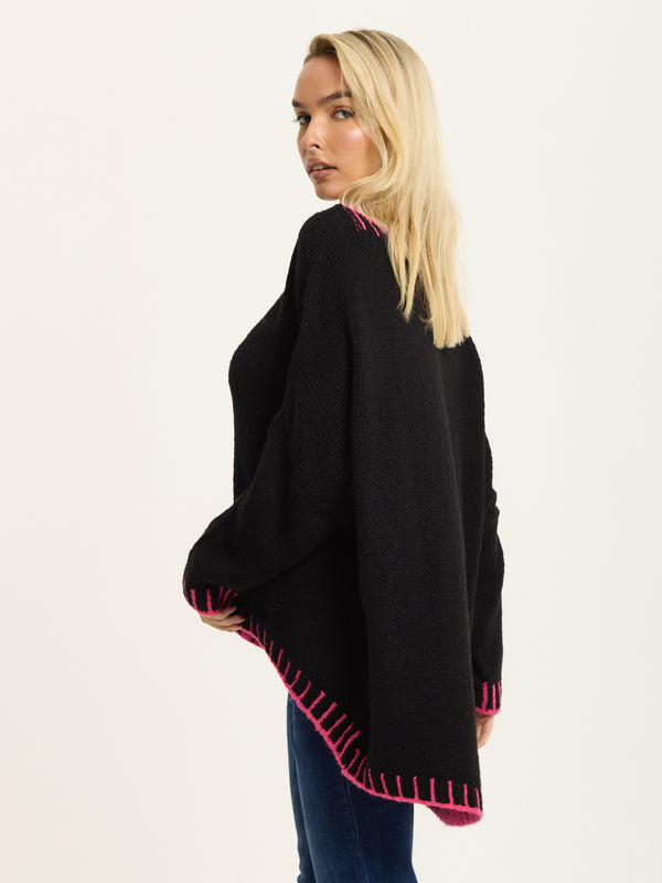 Liquorish Black Wool Blend Jumper Neon Pink Trim