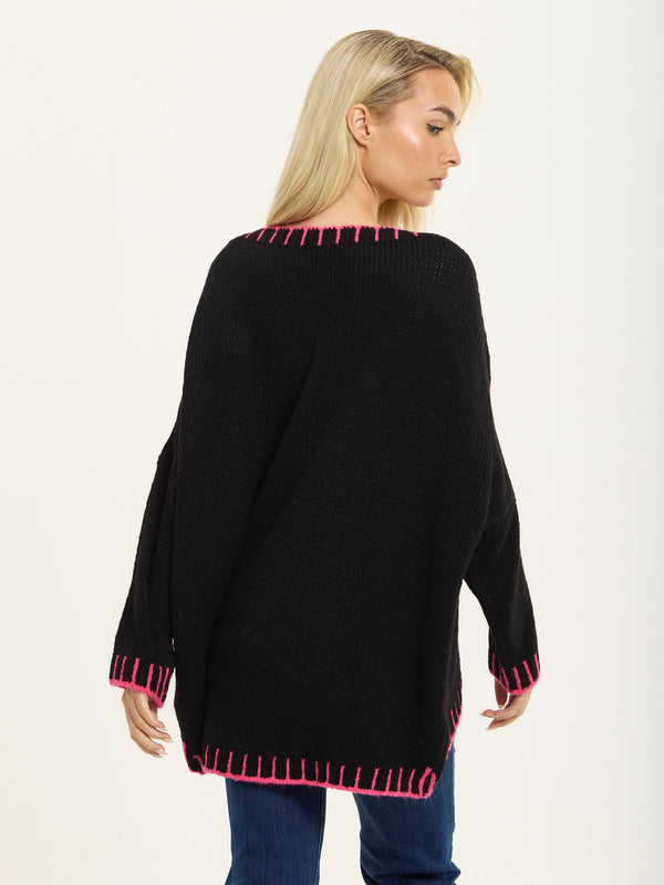 Liquorish Black Wool Blend Jumper Neon Pink Trim