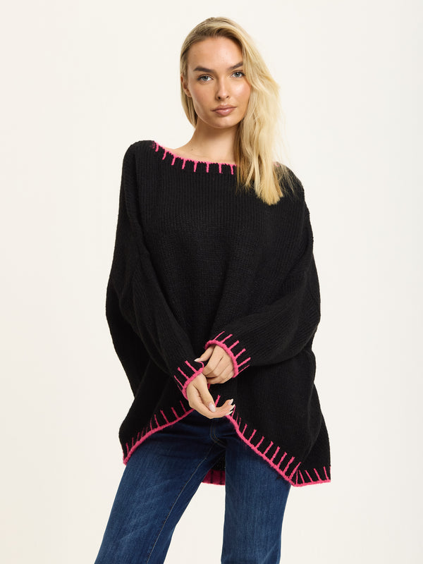 Liquorish Black Wool Blend Jumper Neon Pink Trim