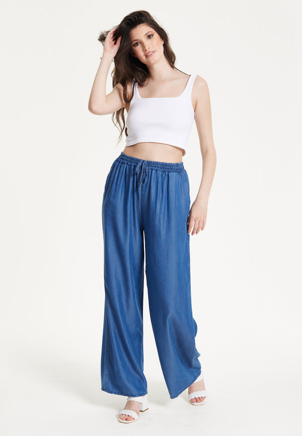 Liquorish Blue Drawstring Wide Leg Trousers
