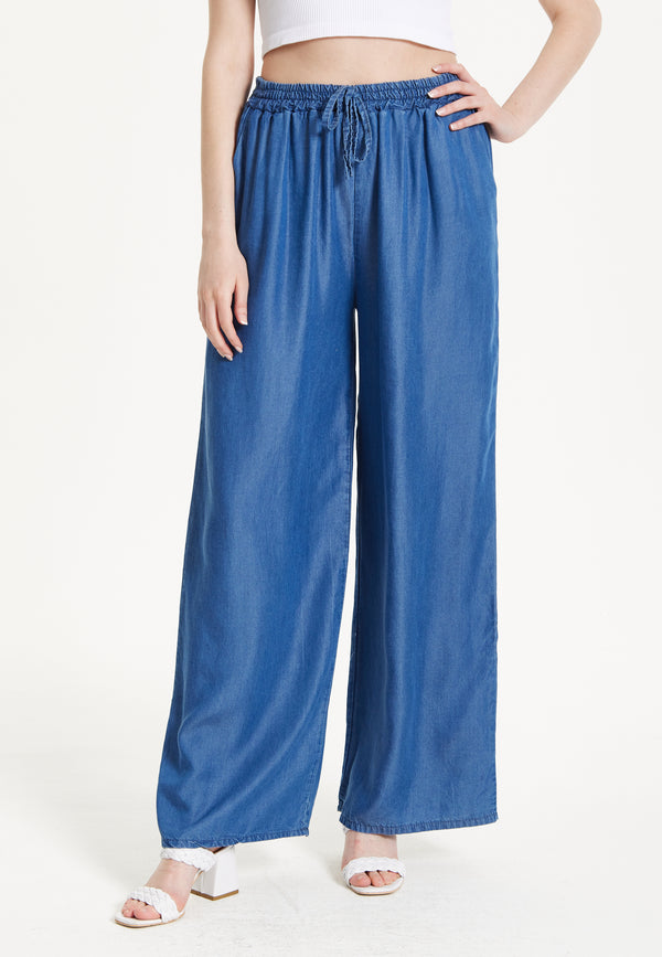 Liquorish Blue Drawstring Wide Leg Trousers