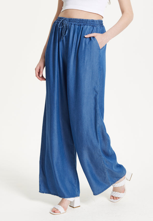 Liquorish Blue Drawstring Wide Leg Trousers