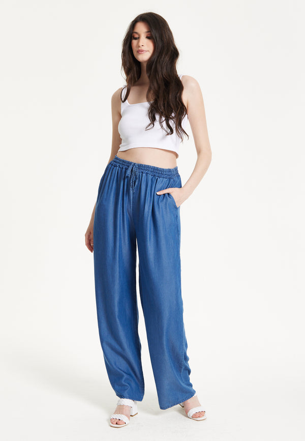 Liquorish Blue Drawstring Wide Leg Trousers