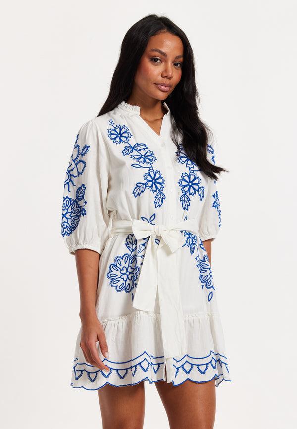 Liquorish Blue Embroidered Belted White Mini Dress