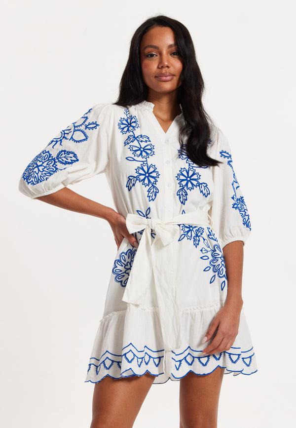 Liquorish Blue Embroidered Belted White Mini Dress