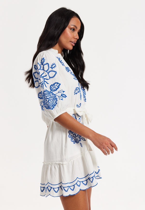 Liquorish Blue Embroidered Belted White Mini Dress