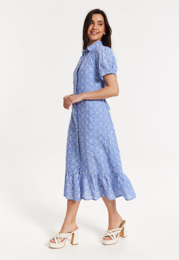 Liquorish Blue Embroidered Shirt Midi Dress