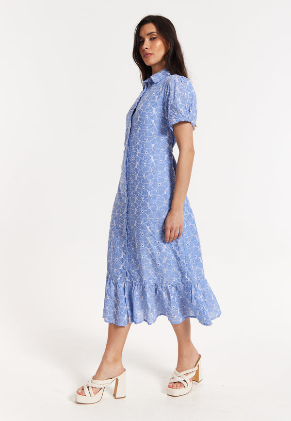 Liquorish Blue Embroidered Shirt Midi Dress