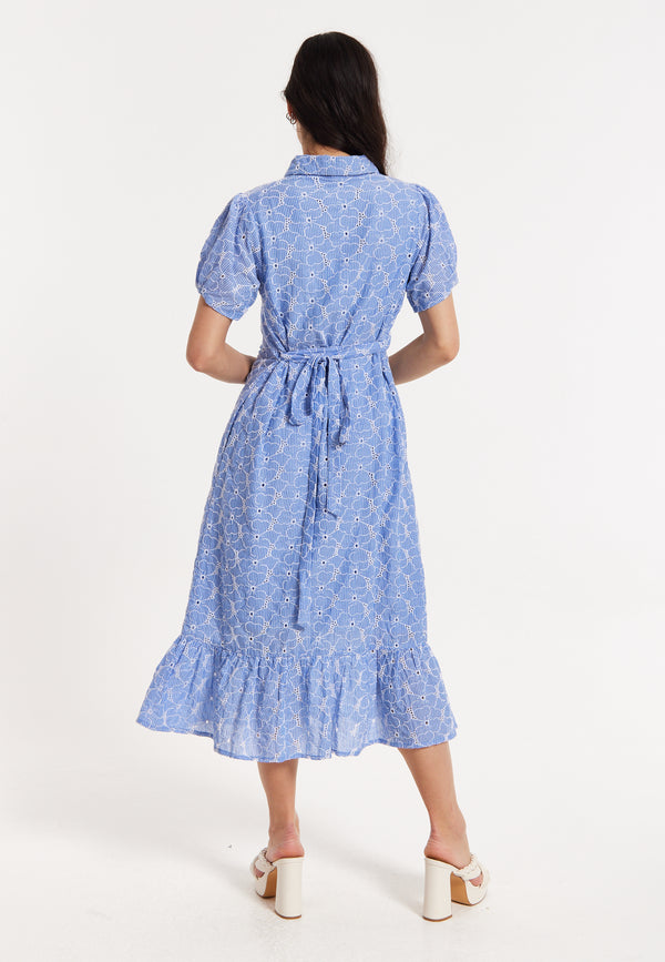 Liquorish Blue Embroidered Shirt Midi Dress