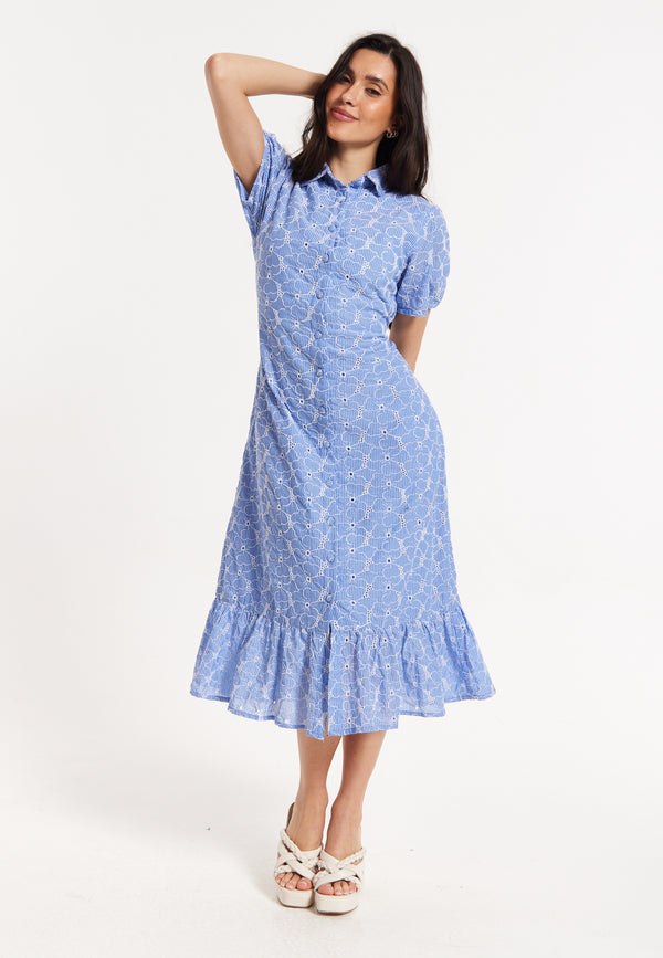 Liquorish Blue Embroidered Shirt Midi Dress