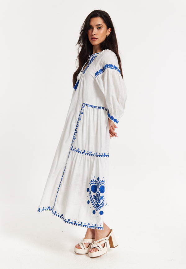 Liquorish Blue Embroidered White Maxi Dress