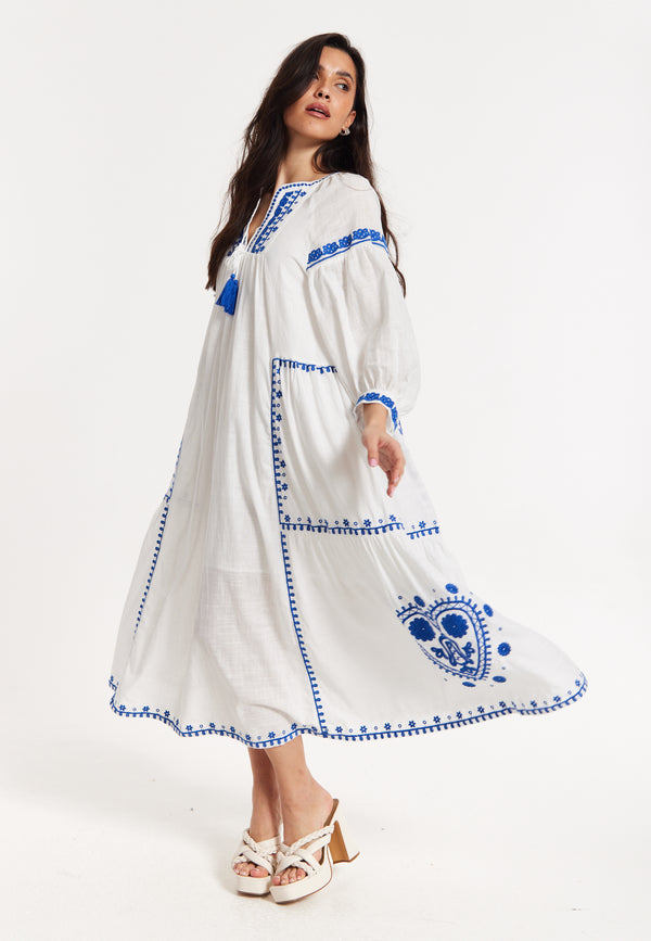 Liquorish Blue Embroidered White Maxi Dress