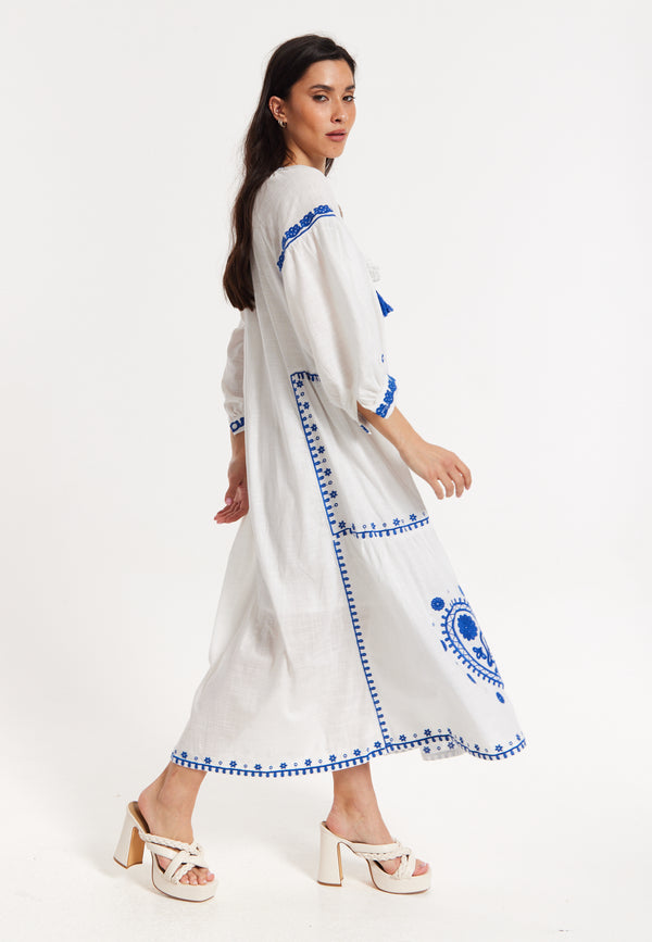 Liquorish Blue Embroidered White Maxi Dress