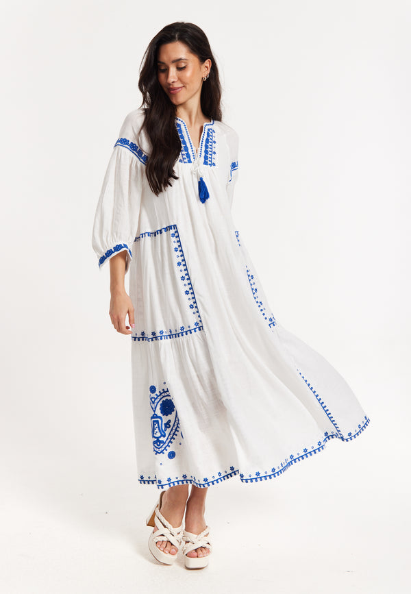 Liquorish Blue Embroidered White Maxi Dress